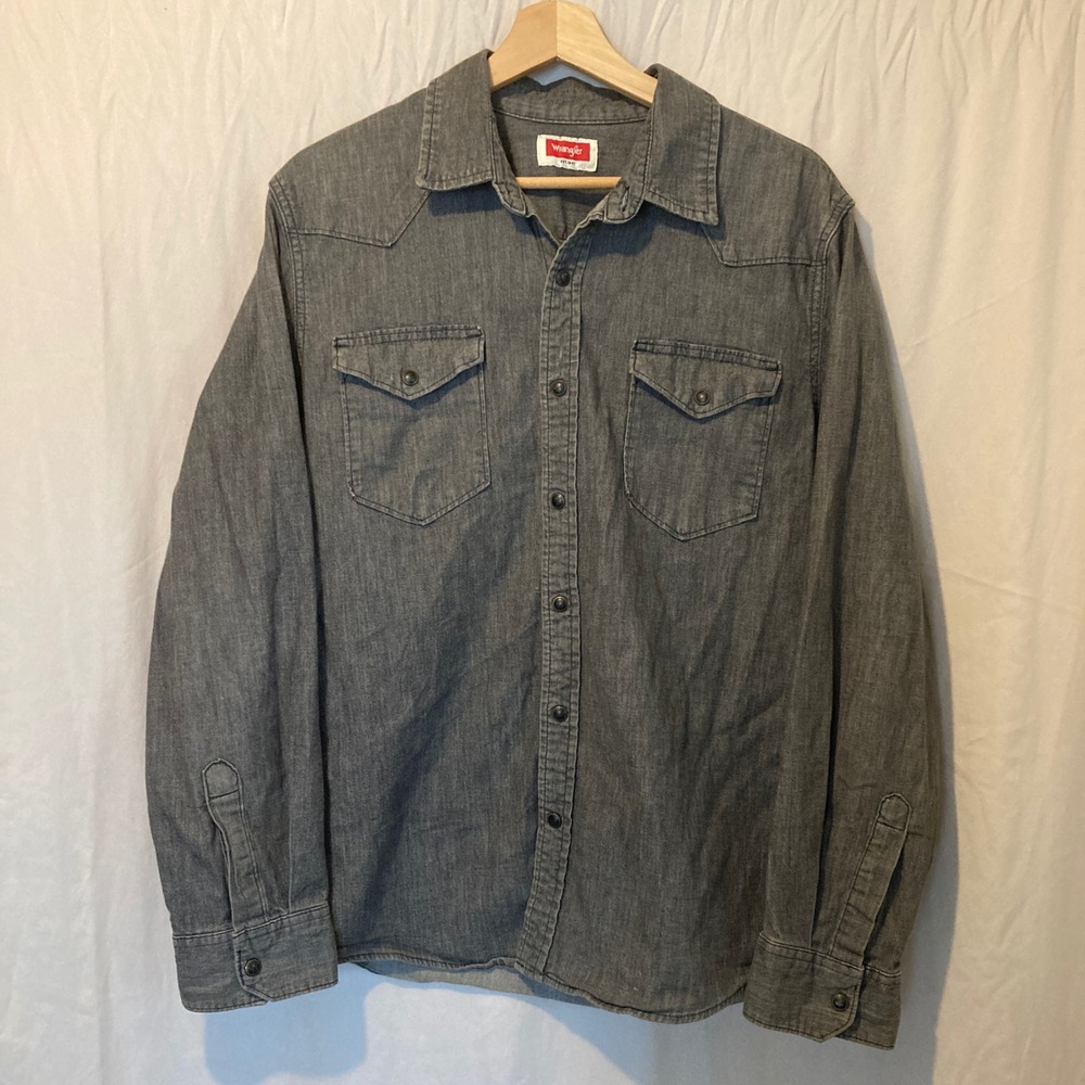 Wrangler Mens Long Sleeve Denim Snap Front Western Shirt Gray Size Medium
